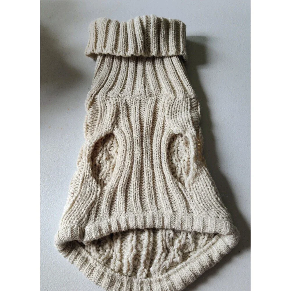 Beige Cable Knit Dog Sweater, Warm Winter Style, XXS/XS Acrylic